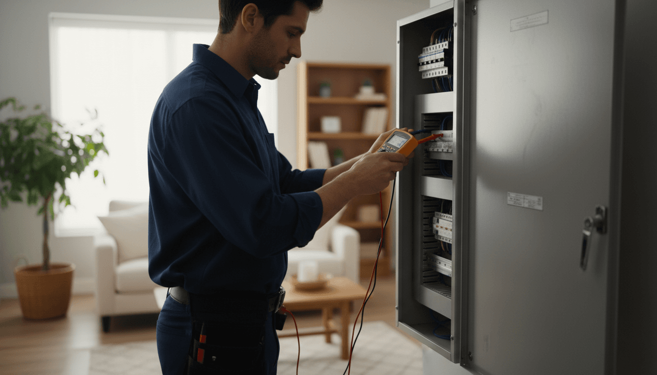 Inspector professionnel examinant un tableau électrique avec dispositif de mesure numérique