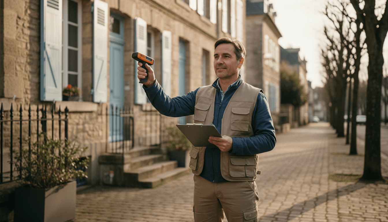 Professional property inspector with clipboard standing confidently in front of residential building in Nantes