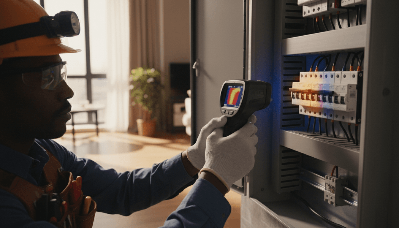 Inspector examining electrical panel with thermal imaging camera