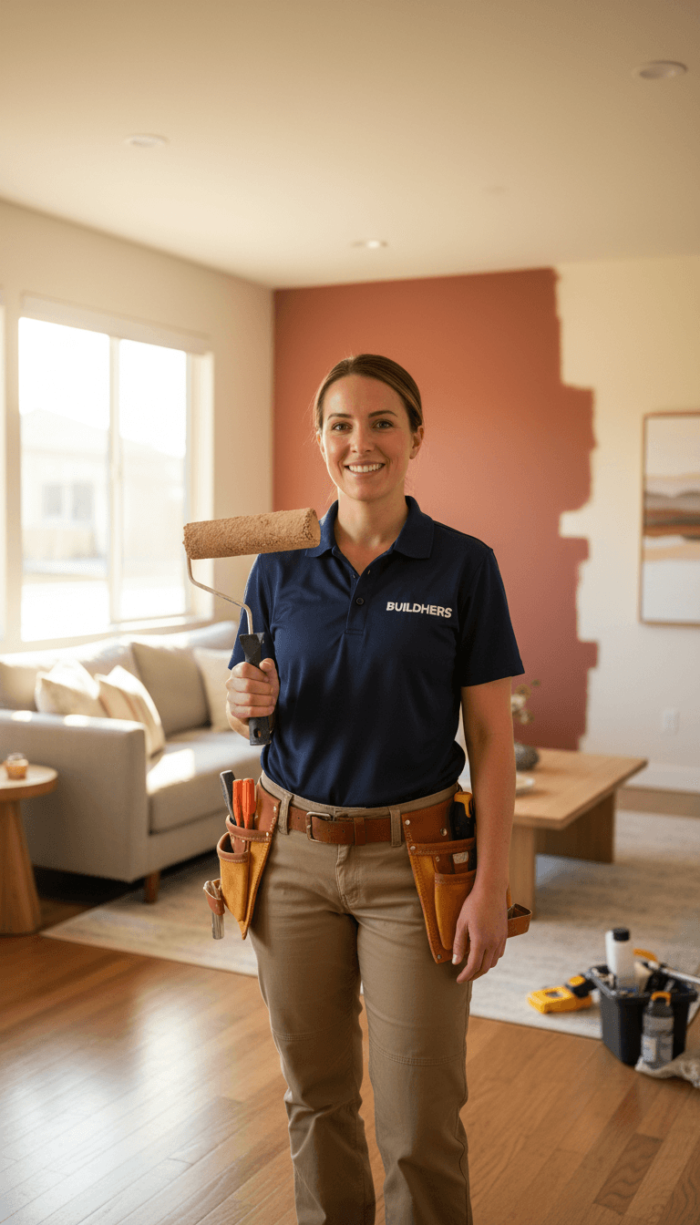Female contractor in work attire standing confidently in front of freshly painted living room wall